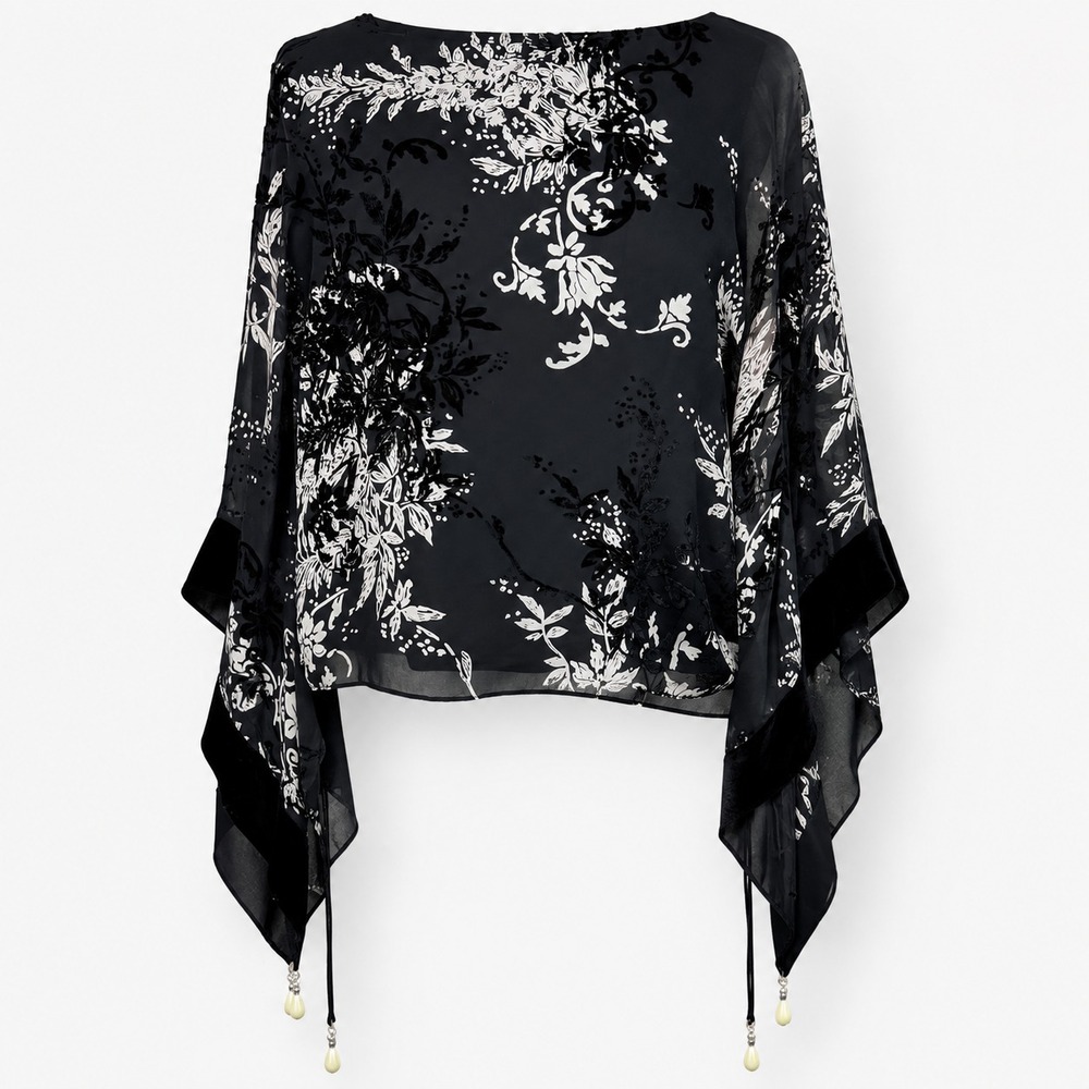 Papell Studio Kimono Top Womens S Black Silk Burnout Velvet Beaded Sheer Y2K